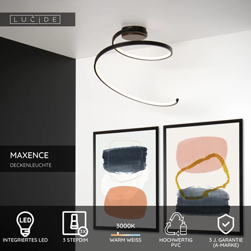 Lucide MAXENCE - Deckenleuchte - Ø 46 cm - LED 3 StepDim - 1x24W 3000K - Schwarz - USP